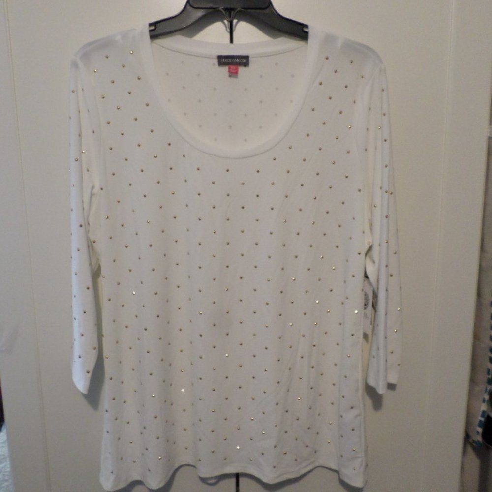 Vince Camuto Golden Rivet Embellished Long Sleeve Stretch Jersey Knit Top XL